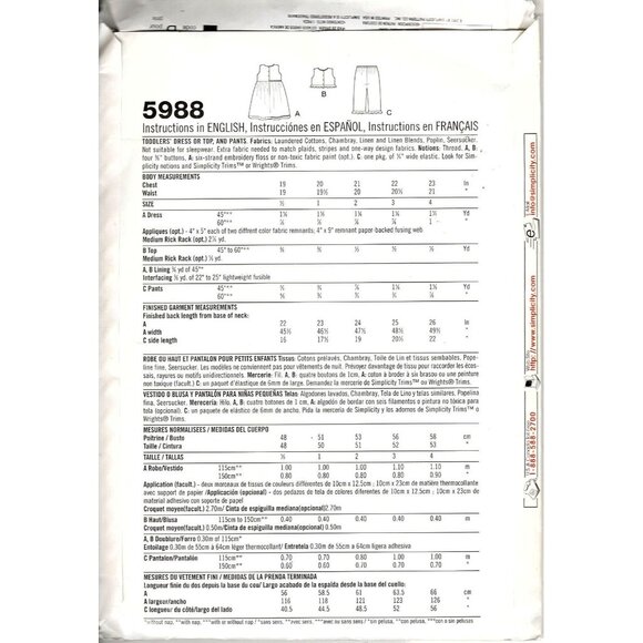 Simplicity 5988 Toddler Girls 1/2 to 4 Dress, Top, and Pants Sewing Pattern - Picture 2 of 2